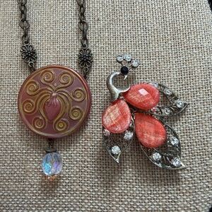 Elegant Reddish Orange Peacock Brooch & Dark Red & Rhinestone Necklace W